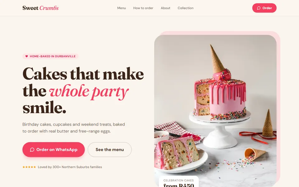 Sweet Crumbs, an example website for a home bakery