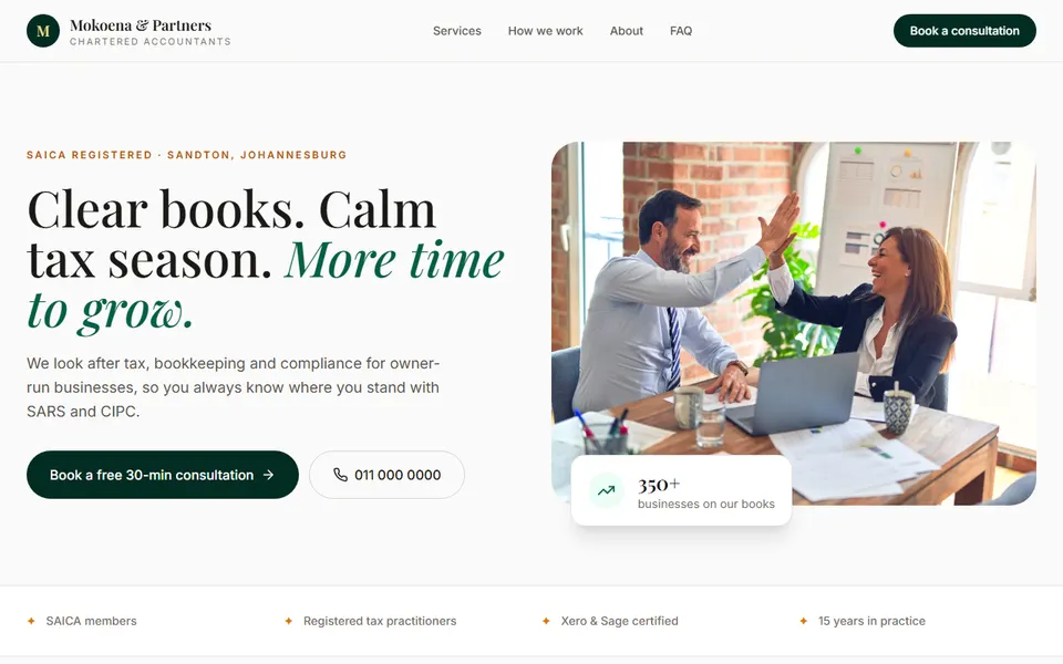 Mokoena & Partners, an example website for accountants
