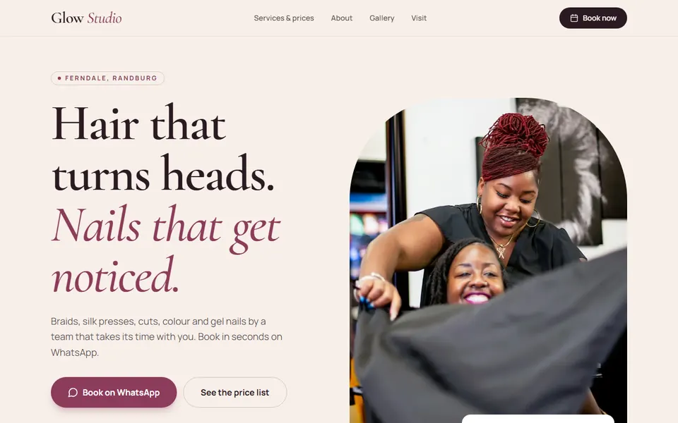 Glow Studio, an example website for a hair and nail salon