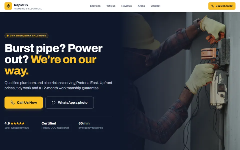 RapidFix, an example website for plumbers and electricians